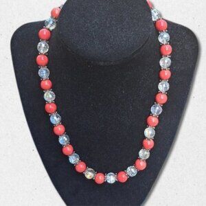 Glass Faceted Beaded Necklace Silver Tone Accent Toggle Clasp Red/Clear Women's